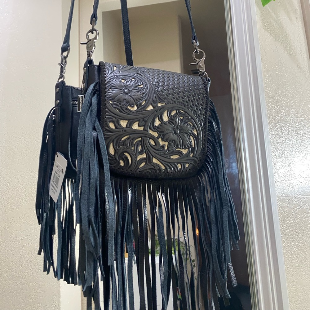 Montana West Black Leather Crossbody Bag with Fringe